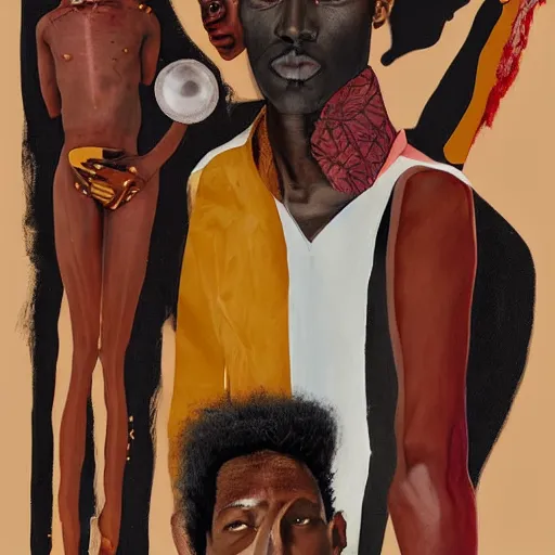 Prompt: a professionally Collage painted african male model , clothed in ancient street wear, dark skin, red gold hair, big scar on face, beautiful bone structure, symmetrical features, stunningly beautiful, intricate, elegant, digital painting, smooth, sharp focus, illustration, made by, Jacob Lawrence, Sam Gilliam, Edmonia Lewis, Jean-Michel Basquiat, Henry Taylor,