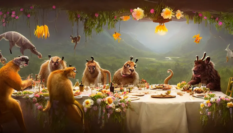 Image similar to a table dinner of exotic animals where animals are dressed like the characters from the midsommar movie wearing flowers, realistic detailed digital art by maxwell boas jessica rossier christian dimitrov anton fadeev trending on artstation cgsociety rendered in unreal engine 4 k hq