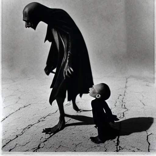 Image similar to portrait of nosferatu playing with his kid, realistic detailed photography, kodak 5 2 1 9 film, 5 0 mm lens