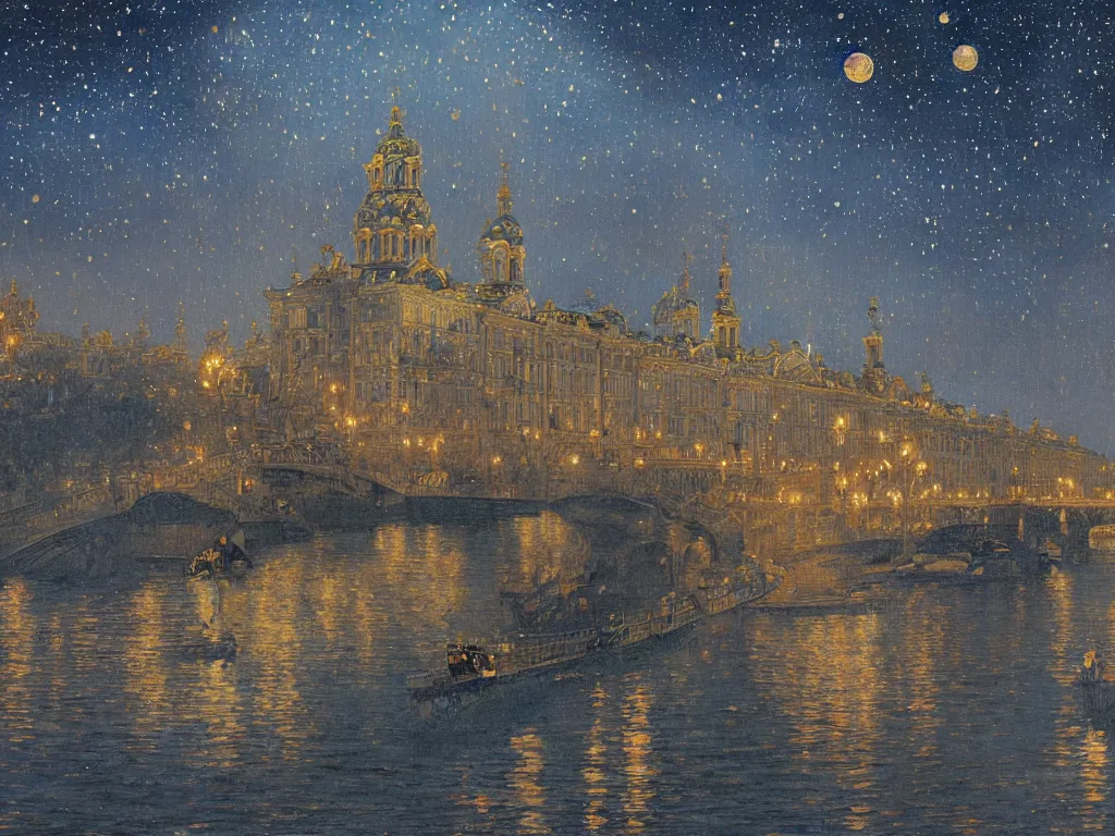 Image similar to a view from the neva river in saint petersburg at night with the sky full of stars, intricate, elegant, highly detailed, digital painting, artstation, concept art, smooth, sharp focus, colored illustration for tattoo, art by krenz cushart and artem demura and alphonse mucha,