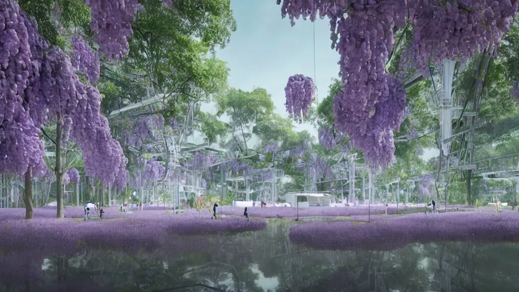 Prompt: view from across the purple river of the enormous glossy white robot factory. the robot factory is within a clearing in the wisteria forest. by simon stalenhag and zaha hadid