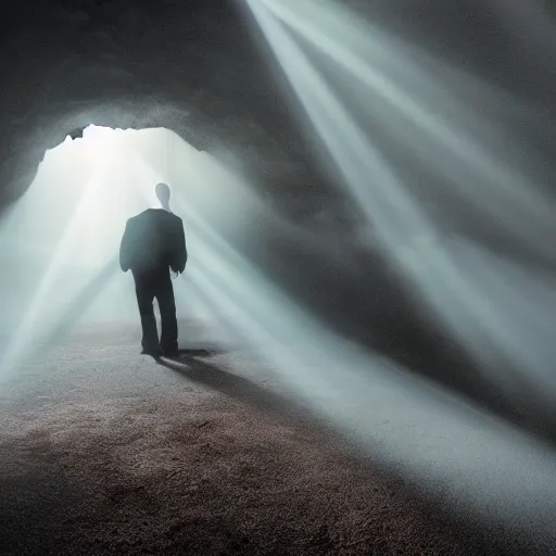 Image similar to real vampire, cinematic lighting, god rays through fog,, cave, mood scary,,