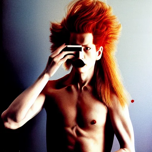 Prompt: a photorearistic portrait of a real life Noriaki Kakyoin by Annie Leibovitz and helmut newton