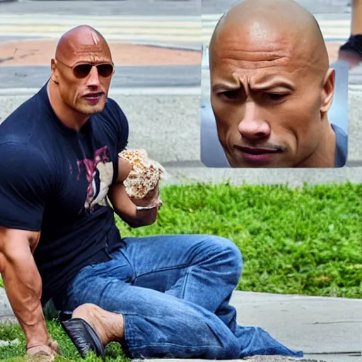 Prompt: dwayne johnson shocked at dropping his ice cream cone on the ground, wide shot