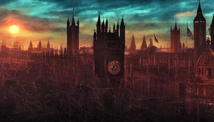 Prompt: sunset over london, scary, ominous, spooky, shadows, extremely detailed, horror, digital art