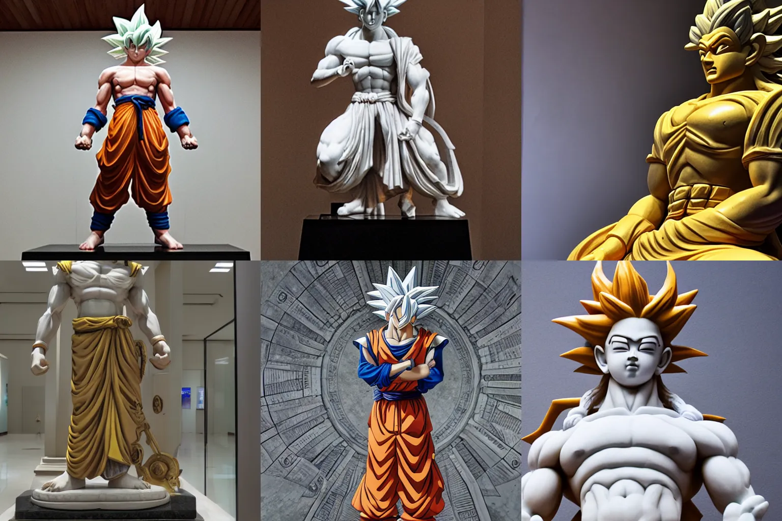 Prompt: Photograph of a marble statue of Goku in the national museum