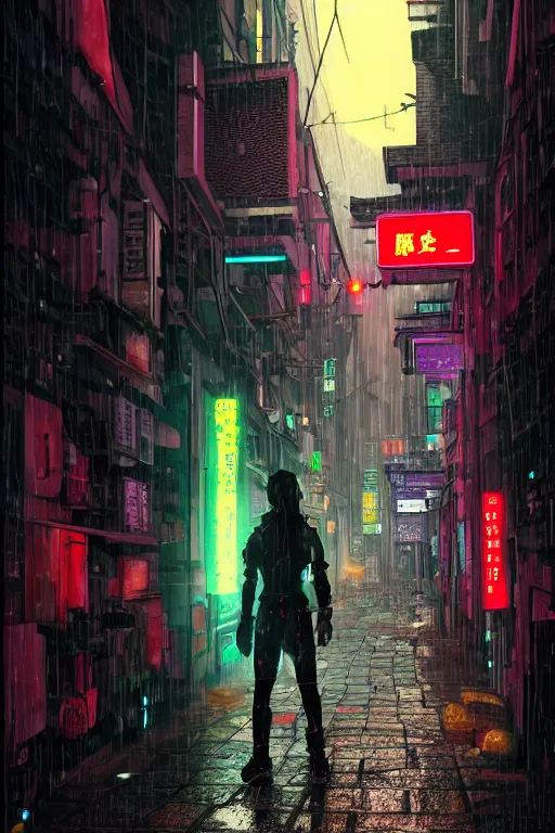 Prompt: a cyberpunk samurai in a raining cobblestone alleyway in tokyo, neon lights, full moon, fog cinematic anime art by one