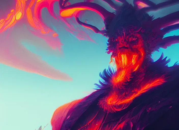 Prompt: A psychedelic portrait of fire elemental myrmidon hill giant , vibrant color scheme, highly detailed, in the style of romanticism, cinematic, artstation, Moebius, Greg rutkowski