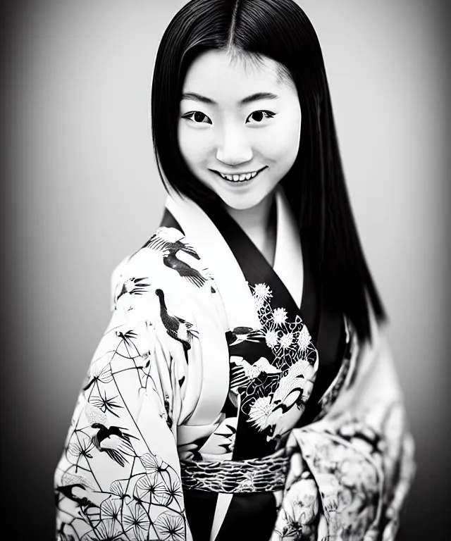 Prompt: a modern black and white film photograph shot on kodak 4 0 0 tx, portrait of one!! very beautiful and young japanese woman subtly smiling, she is wearing a traditional kimono with a very ornate pattern of cranes, her hair is tied above her head, the scene is shot on a canon 8 5 mm f / 1. 4 in a studio setting with dramatic and cinematic lighting