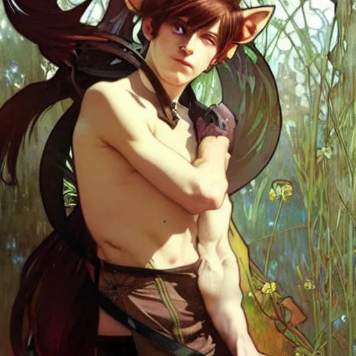 Image similar to Portrait of a pretty fantasy catboy with cat ears. Art by Greg Rutkowski and Alphonse Mucha