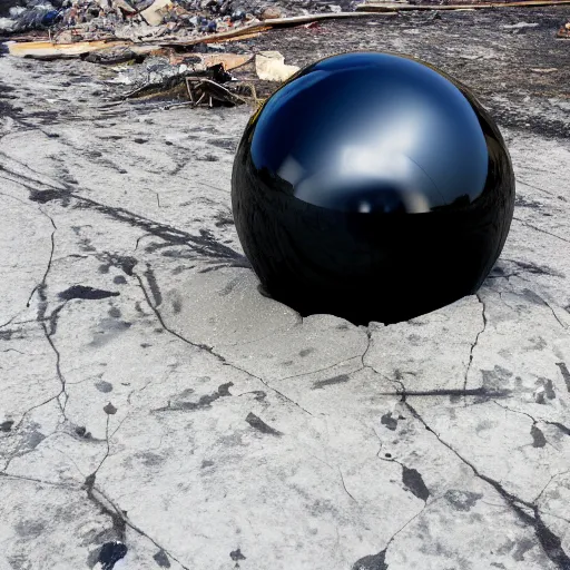 Image similar to A giant shiny black sphere, crashed in the ground, cracks, gas fire, viewed from the side, hd photograph