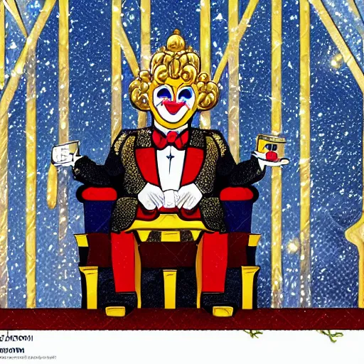 Image similar to cartoon of a shining majestic throne made of millions of diamonds, gold and zaphires with thousands of light reflections, and a clown on a tuxedo suit is sitting on the throne while handing a golden globe, dramatic light