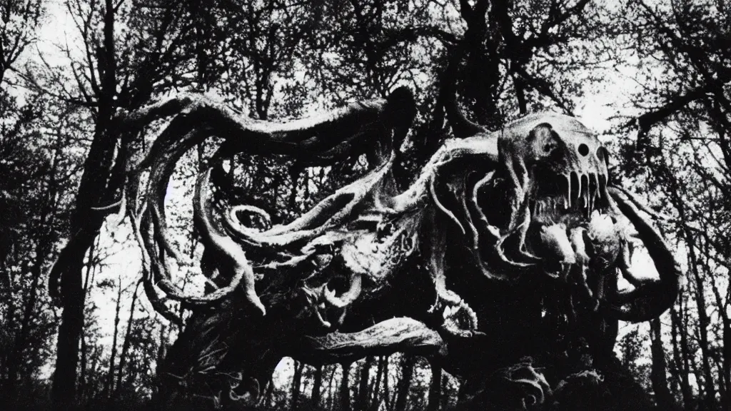 Image similar to An epic photo of an ancient terrifying Cthulhu in dark forest, consuming and eating and destroying a futuristic. by Diane Arbus and Louis Daguerre. highly detailed. 85mm, Bokeh