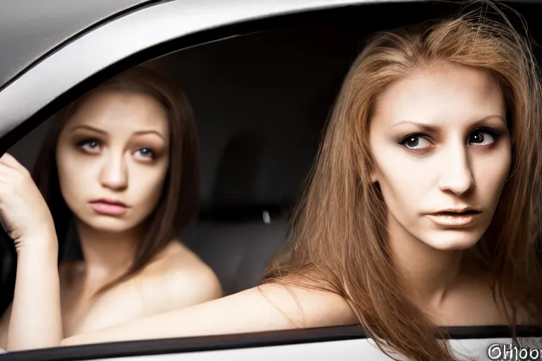 Image similar to mid shot portrait of a stunningly pretty young woman, sitting in her car, stuck in a traffic jam, tears, frustration, in the style of David cronenberg ,scary, weird, surprising, realistic, sharp focus, 8k high definition, medium format film photography, photo realistic, insanely detailed, intricate, elegant, art by les edwards and David kostic and stanley lau and artgerm