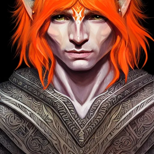 Image similar to portrait painting of an elven eladrin young man with light orange hair and tribal tattoos in his cheekbones wearing fur armor, d & d, rpg, sharp focus, award - winning, trending on artstation, masterpiece, highly detailed, intricate. art by josan gonzales and moebius and deathburger