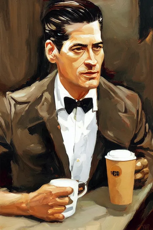 Prompt: dale cooper drinking coffee, coffee reflection, painting by jc leyendecker!! phil hale!, angular, brush strokes, painterly, vintage, crisp