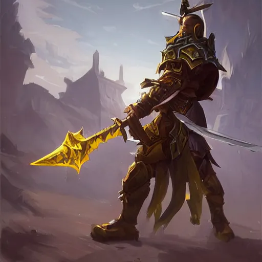 Prompt: yellow broad sword, giant sword, war blade weapon, hearthstone weapon, by greg rutkowski