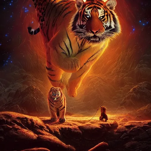 Image similar to out in the dark, among the stars, the tiger is dead by barclay shaw, andreas rochas, dan mumford craig mullins., intricate details, illustration, dynamic lighting, unreal engine, featured on artstation, soft glow