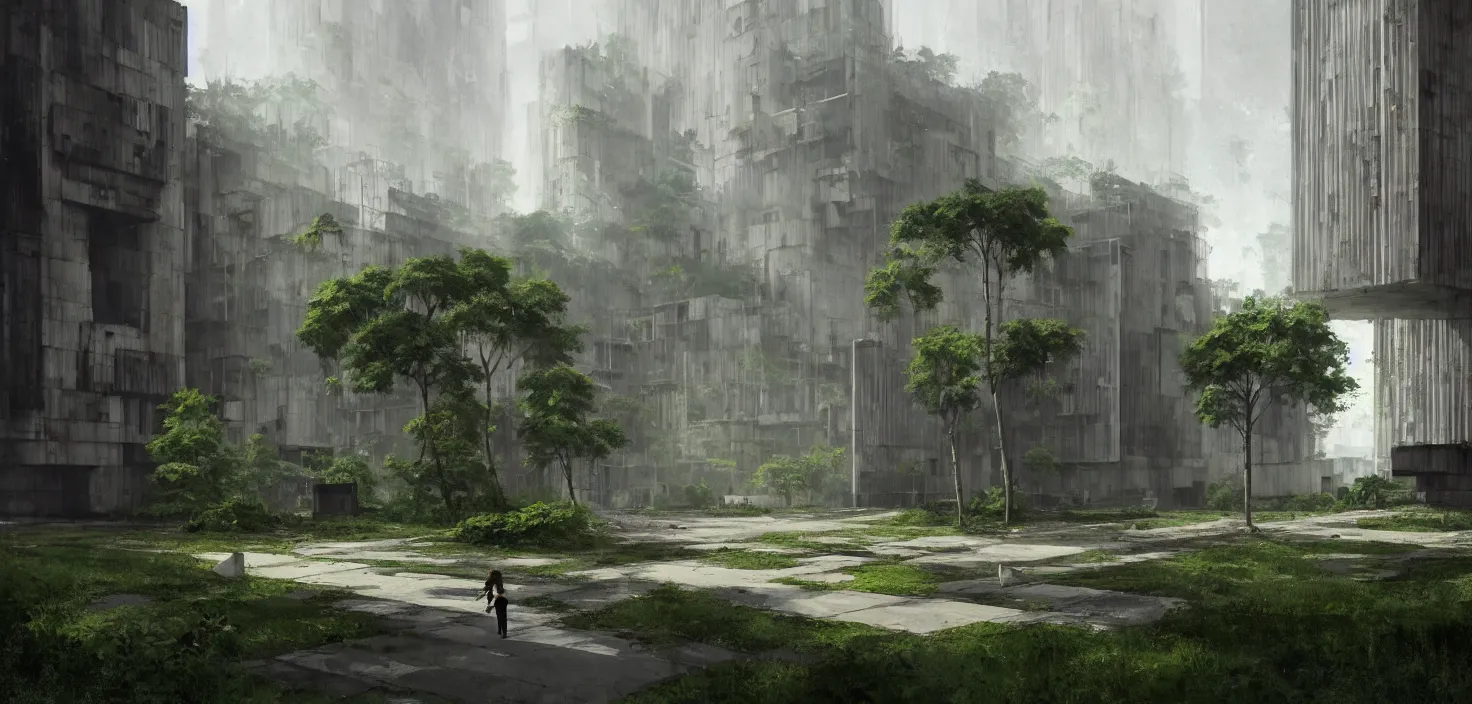 Prompt: brutalist architecture by Le Corbusier, abandoned buildings, empty streetscapes, surrounded by lush green vegetation, ground-level view, volumetric lighting, digital painting, highly detailed, artstation, sharp focus, illustration, concept art, ruan jia, steve mccurry, amazing composition