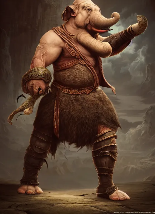 Prompt: An epic fantasy style portrait painting of an anthropomorphic elephant barbarian wearing an apron, DAZ, octane render, cosplay, RPG portrait, dynamic lighting