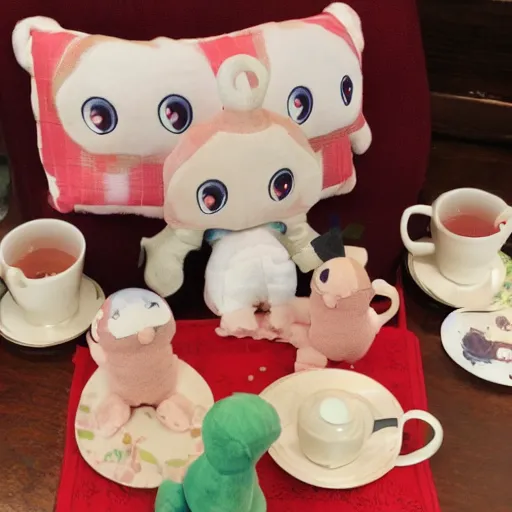 Prompt: adorable plushies from hell are having a tea party