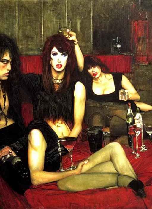 Image similar to glam rockers drinking brutal and raw wine, inside a green room with red lights by john william waterhouse, phil hale, extremely detailed