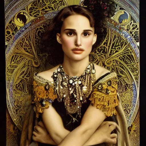 Prompt: a closeup portrait of a young natalie portman, hair in arabesque forms, art nouveau, jugendstil, decorative background, painted by alphonse mucha and klimt