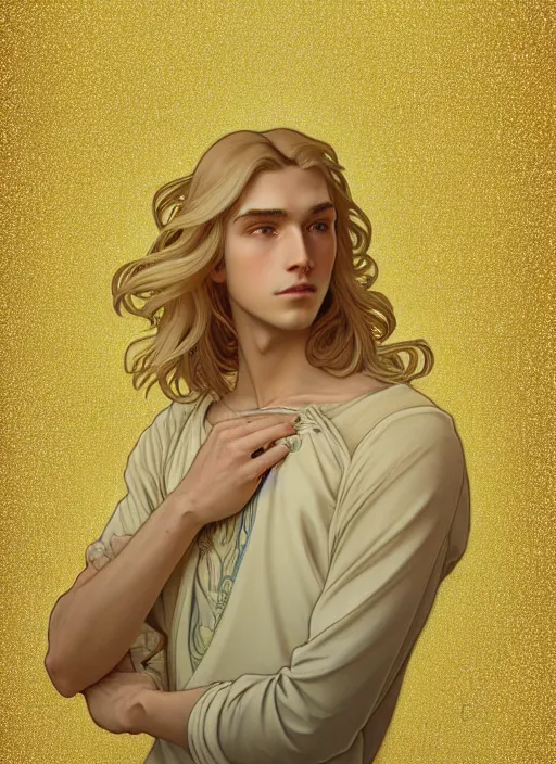 Image similar to pretty young man with shoulder length shiny sparkly golden blond hair, path traced, highly detailed, high quality, digital painting, by studio ghibli and alphonse mucha, leesha hannigan, disney