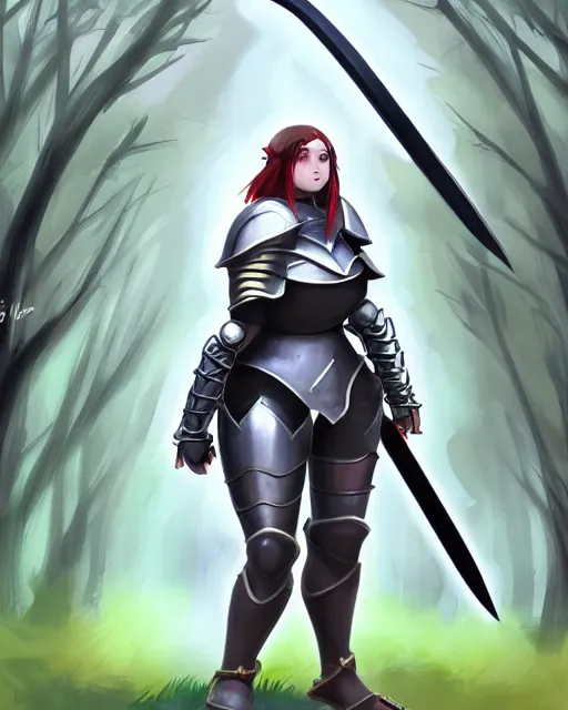 Image similar to concept art of a thicc girl knight in a epic pose, wearing heavy medival knight armor, holding a long sword, walking through a foggy oak forest | | epic - fine - clean, polished, trending on artstation, brush strokes