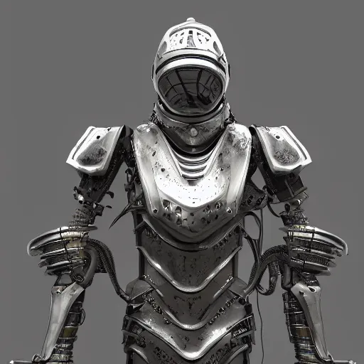 Prompt: a man wearing armor made of scrap metal, half metal half cables, futuristic, realistic octane render, high detail