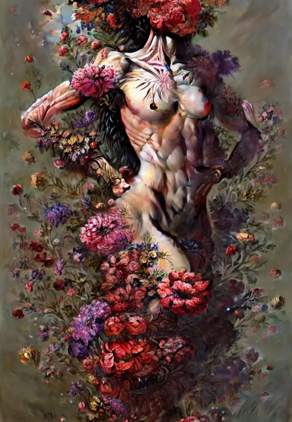 Image similar to anatomy full body made of flowers, very detailed, 8k, maximized, ornate, masterpiece, complex, by Greg rutkowski, Alex Gray, surrounded by smoke