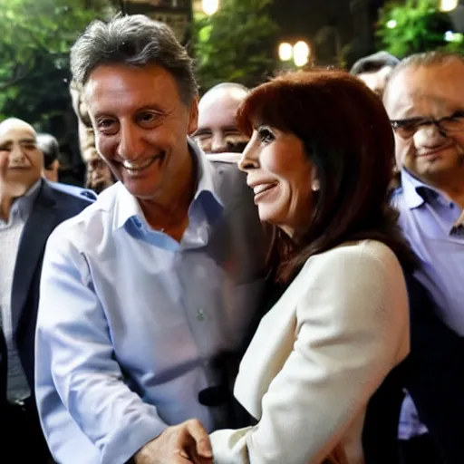 Prompt: Cristina Kirchner holding hands with Mauricio Macri, bokeh, 100mm