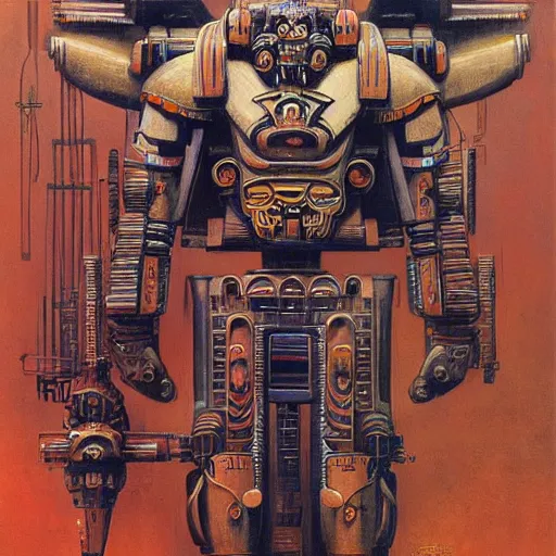 Image similar to elaborate mayan art deco mecha by j. c. leyendecker, bosch, and beksinski