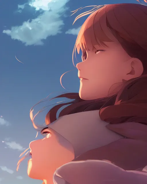 Image similar to a girl watching looking up at the clouds, full shot, atmospheric lighting, detailed face, by makoto shinkai, stanley artger m lau, wlop, rossdraws, james jean, andrei riabovitchev, marc simonetti, krenz c