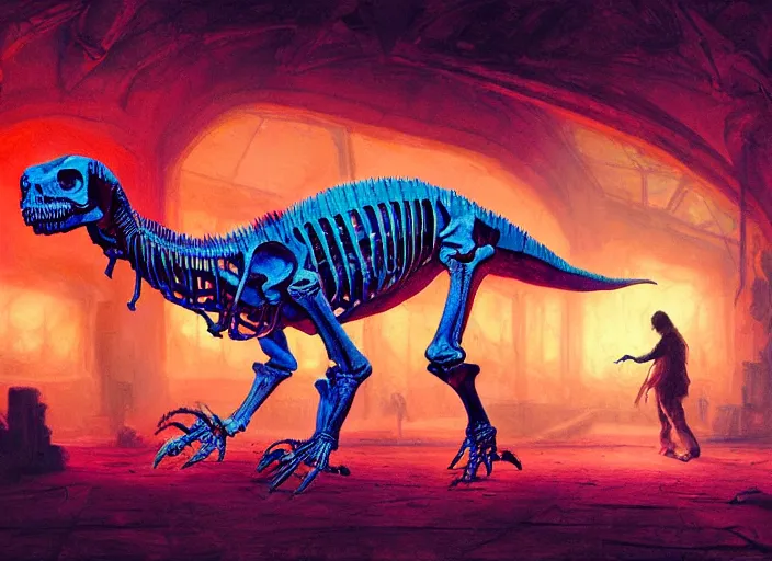 Prompt: A psychedelic portrait of dinosaur skeletons dancing in museum, vibrant color scheme, highly detailed, in the style of romanticism, cinematic, artstation, Moebius, Greg rutkowski