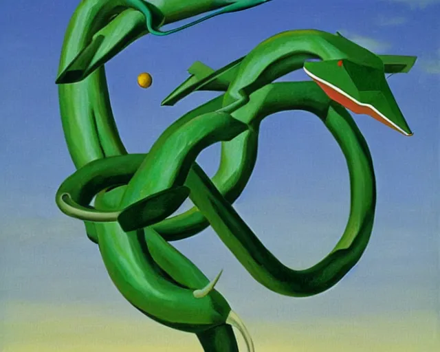 Image similar to a painting of Rayquaza by Magritte