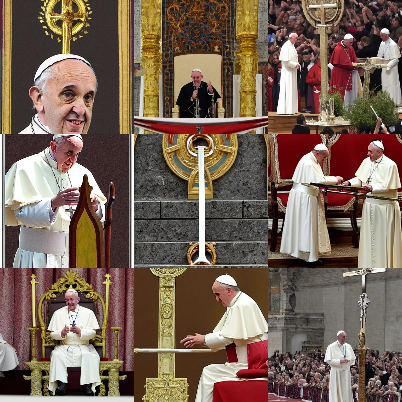 Prompt: pope Francis on the trone of swords