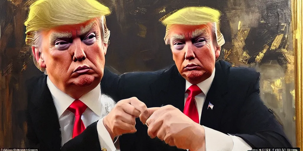 Image similar to character art by ruan jia, young donald trump paints a portrait of himself older at mar - a - lago