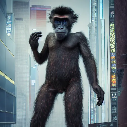 Prompt: Photography of ultra mega super hyper realistic detailed monkey by Hiromasa Ogura wearing cyberpunk style suit . Photo full lenght view on Leica Q2 Camera, Rendered in VRAY and DaVinci Resolve and MAXWELL and LUMION 3D, Volumetric natural light. Wearing cyberpunk suit with many details by Hiromasa Ogura .Rendered in VRAY and DaVinci Resolve and MAXWELL and LUMION 3D, Volumetric natural light