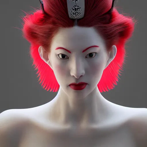 Prompt: portrait of a beautiful tall and feminine albino supermodel maiko samurai armor, photograph, award wining, red and white, trending on artstation, punk attitude, 4k, unreal engine 5, octane render, neon highlights with red long wavy hair drawn by Donato Giancola and Tom Bagshaw and Julie Bell, face by Artgerm, overall design by Alphonse Mucha, background by James Jean and Gustav Klimt, 4k, porcelain skin, komorebi, french nouveau, trending on artstation, octane render, hyperrealistic