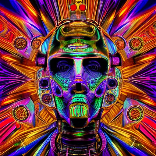 Prompt: hyperdetailed masterpiece portrait of a psychedelic steampunk robot head, covered in colorful glowing holy geometry and chakras, wearing multicolored tubes, 8 k, halluzinogenic, meditative, flourescent colors on black background, tshirt art