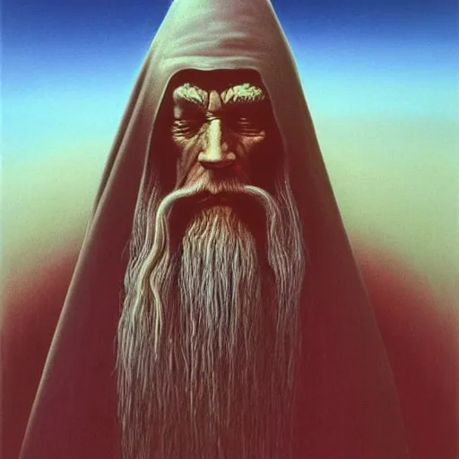 Image similar to Zdzisław Beksiński painting of Gandalf