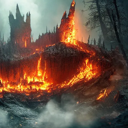 Image similar to hyperrealistic photograph of the black castle of rotbog swamp burned to the ground, fire, giant bones, dim volumetric lighting, octane beautifully detailed render, extremely hyper detailed, intricate, epic composition, cinematic lighting, masterpiece, trending on artstation, very detailed, stunning, hdr, smooth, sharp focus, high resolution, award, winning photo