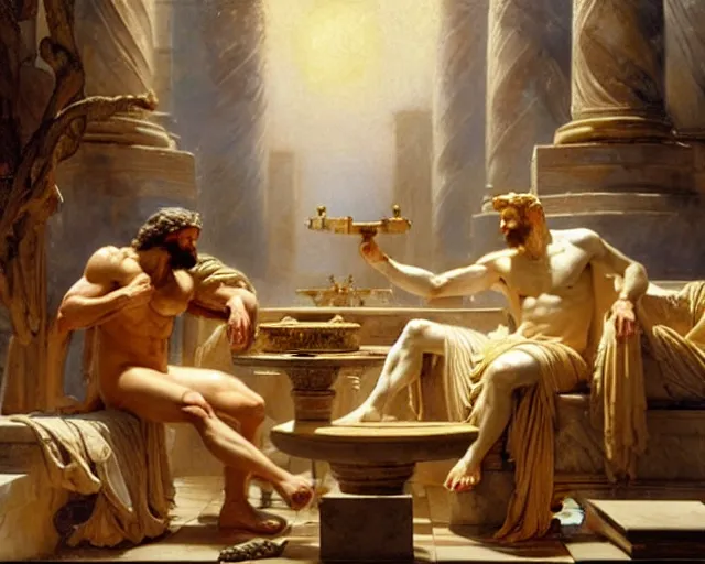 Image similar to zeus and the god jupiter argue over the fate of mankind, marble table with scrolls and papers between them, the other gods watch in horror, painting by gaston bussiere, craig mullins, j. c. leyendecker