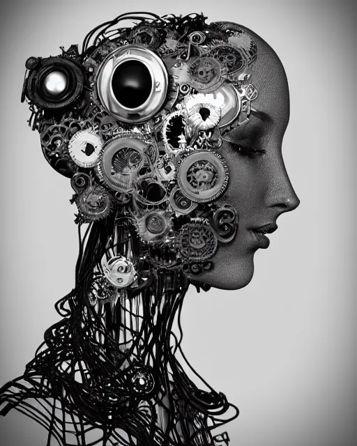 Prompt: black and white dreamy foggy smoky profile face portrait, one silver steampunk realistic eye biomechanical beautiful young female cyclope - cyborg - robot bust, body ribs meshes,, volumetric light, hibiscus flowers, by hg giger, rim light, by dora maar and cecile beaton, big gothic fashion pearl embroidered collar, 8 k
