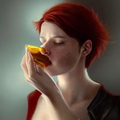 Image similar to epic portrait a drunk women drinking honey from a big wooden cup, Red nose, freckles, beauty, pretty face, glossy skin, red bang hair, white blouse with short sleeves, digital painting, artstation, concept art, soft light, hdri, smooth, sharp focus, illustration, fantasy, intricate, elegant, highly detailed, D&D, matte painting, in the style of Greg Rutkowski and Alphonse Mucha and artemisia, 8k, highly detailed, jurgens, rutkowski, bouguereau, pastoral, rustic, georgic