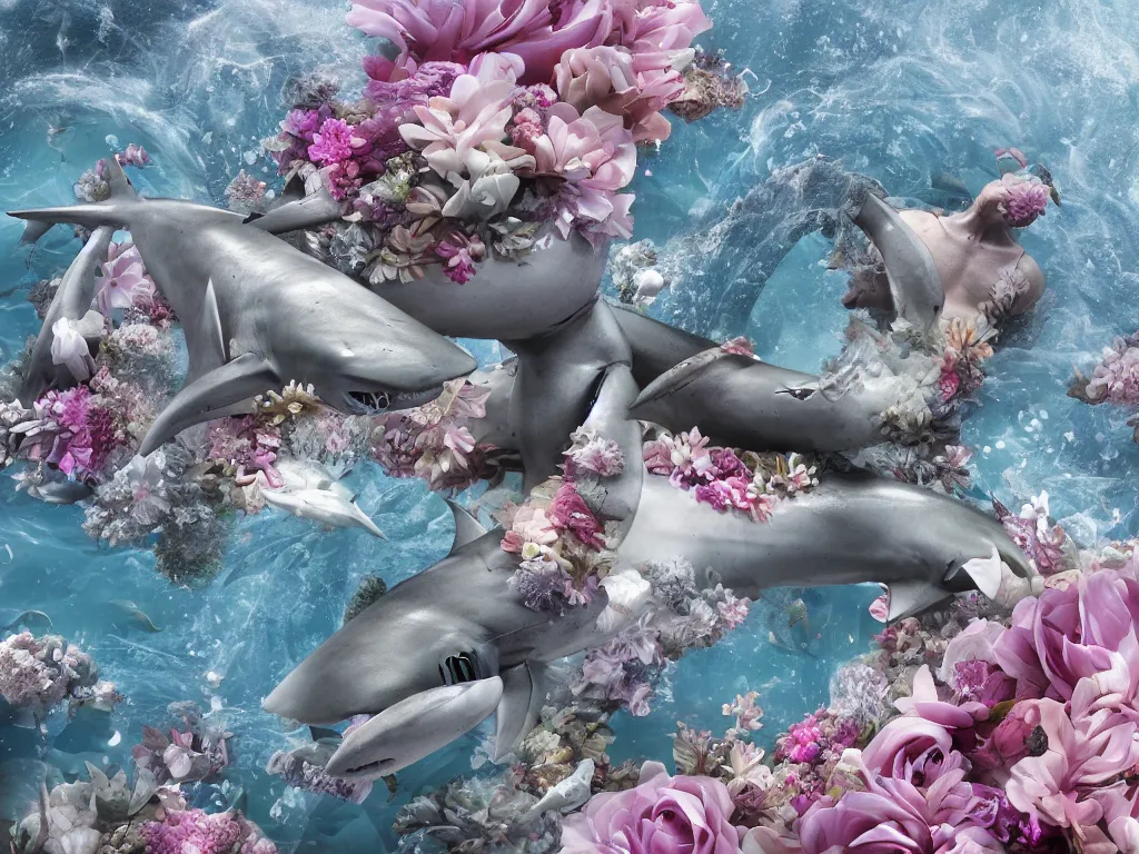 Image similar to a sculpture of ocean shark intertwined, a lovely cornucopia of flowers and human body parts, body parts, highly detailed, octane render, cinematic