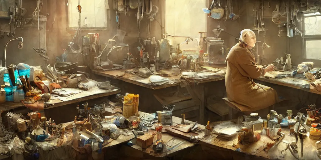 Image similar to an environmental concept art of an elderly russian woman cyberneticist in a cluttered workshop, surgical implements, surgery table, highly detailed, cinematic, dramatic, cyberpunk, dieselpunk, scifi