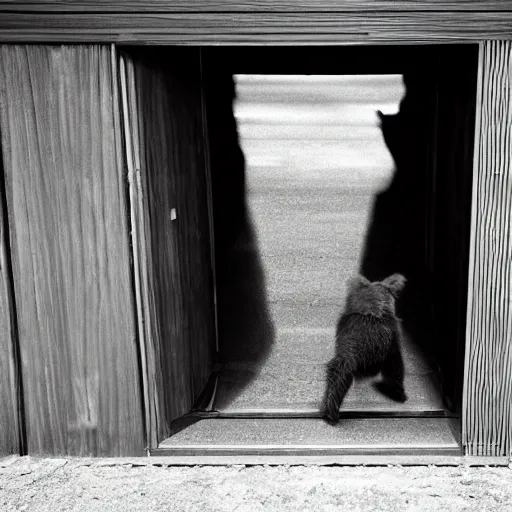 Image similar to dark photograph of a small bear mascot walking through a large wooden doorway