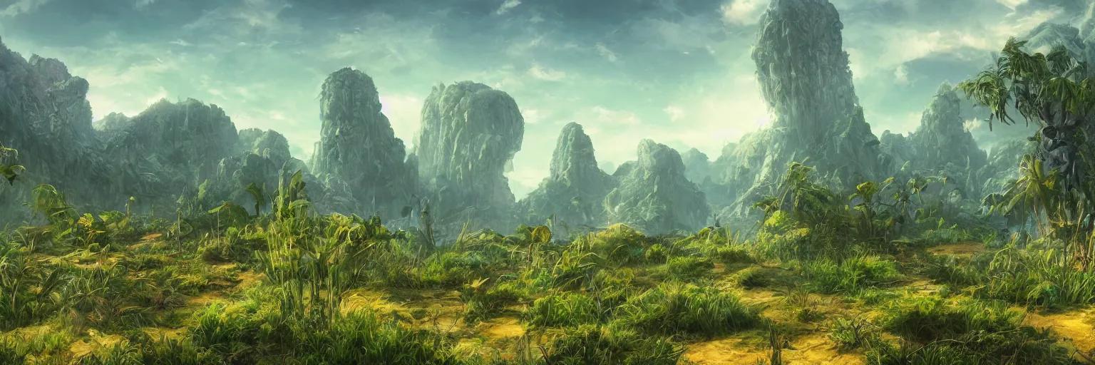 Image similar to summer on a lush alien planet, matte painting